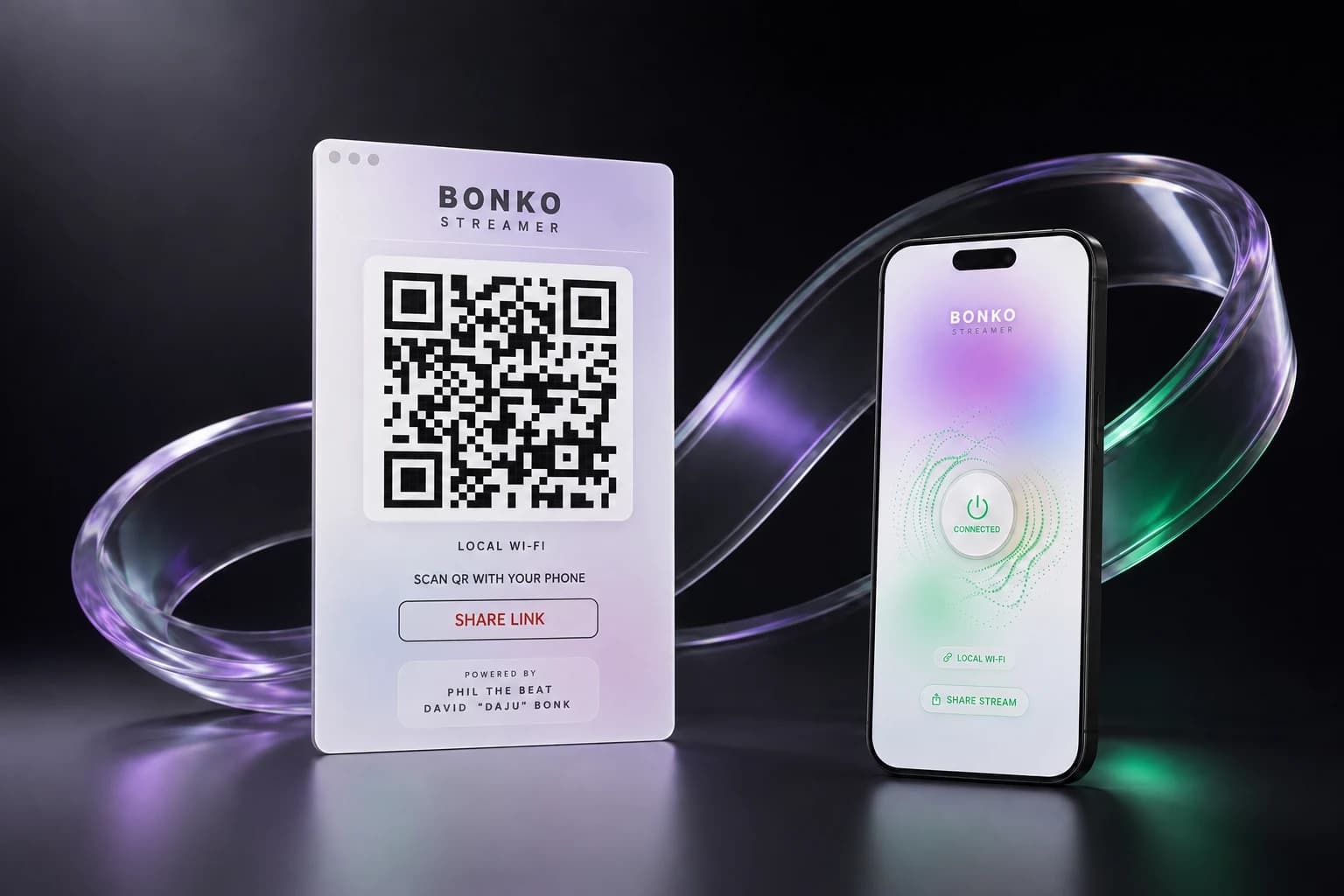 BONKO desktop plugin and optional iPhone app, connected by a glass ribbon